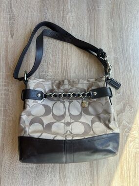 Coach Signature Canvas and Leather Shoulder Bag in Khaki/Chalk and Dark Brown